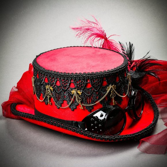 Lace Feather Victoria Steampunk Top Hat Goggle Red - Picture 6 of 9